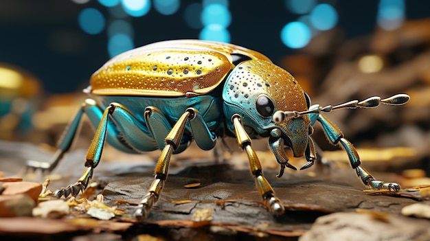 Antenne bleu métallique du charançon poilu et jambe jaune au point