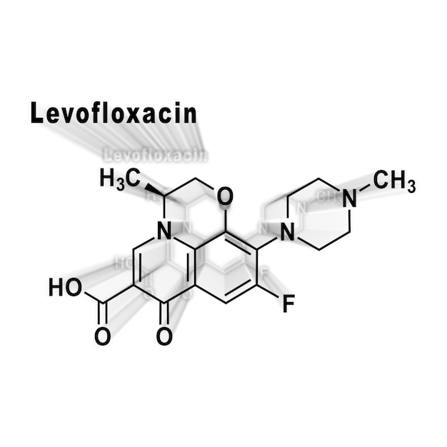 Photo antibiotique lévofloxacine, formule chimique structurale sur fond blanc