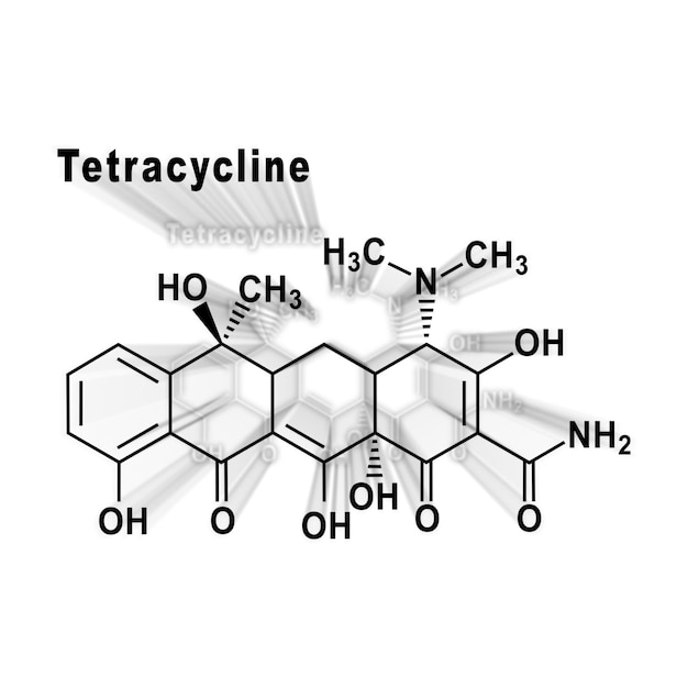 Photo antibiotique tétracycline, formule chimique structurale sur fond blanc