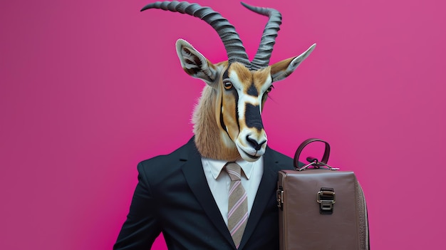 Photo une antilope d'apparence professionnelle portant un costume et une cravate se tient contre un fond rose portant une mallette