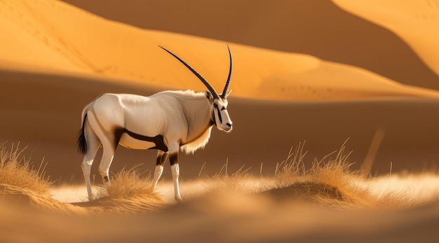 Une antilope oryx arabe au milieu d'un désert.