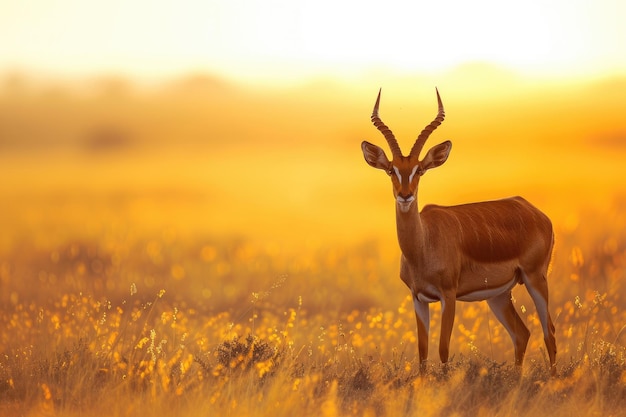 Une antilope solitaire est alerte au crépuscule des prairies.