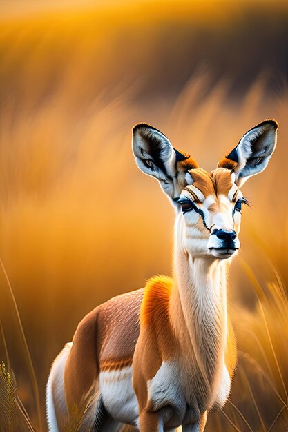 L'antilope springbok de taille moyenne dans les hautes herbes jaunes Animaux sauvages d'Afrique Post-traité