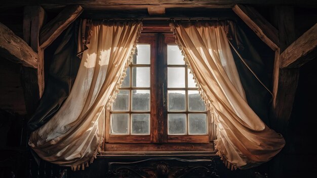 Photo antique fenêtre en bois avec des rideaux dans une pièce sombre avec la lumière du soleil