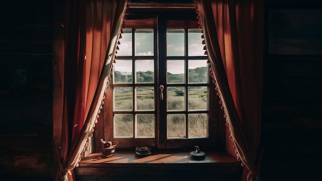 Photo antique fenêtre en bois avec des rideaux dans une pièce sombre avec la lumière du soleil