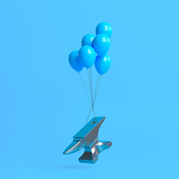 Anvil volant avec des ballons sur fond bleu Concept créatif minimal Illustration de rendu 3D