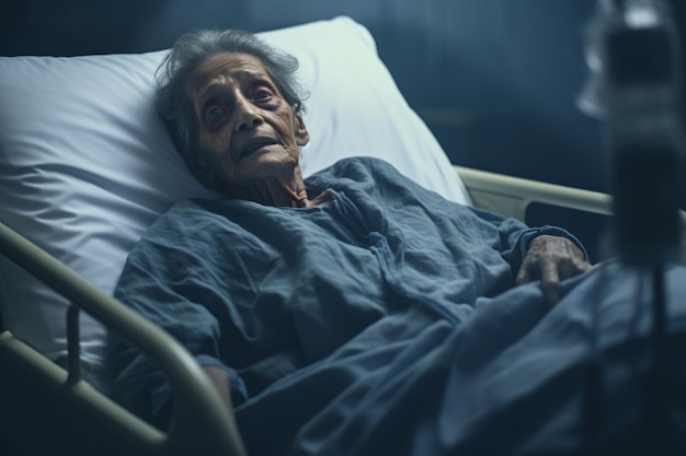 Anxiété triste femme âgée dans un lit d'hôpital femme âgée lutte contre la santé mentale sur le lit patient âgé