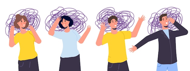 Anxieux, Dépression. Santé mentale, anxiété, concept d'auto-tromperie. Illustration vectorielle plane