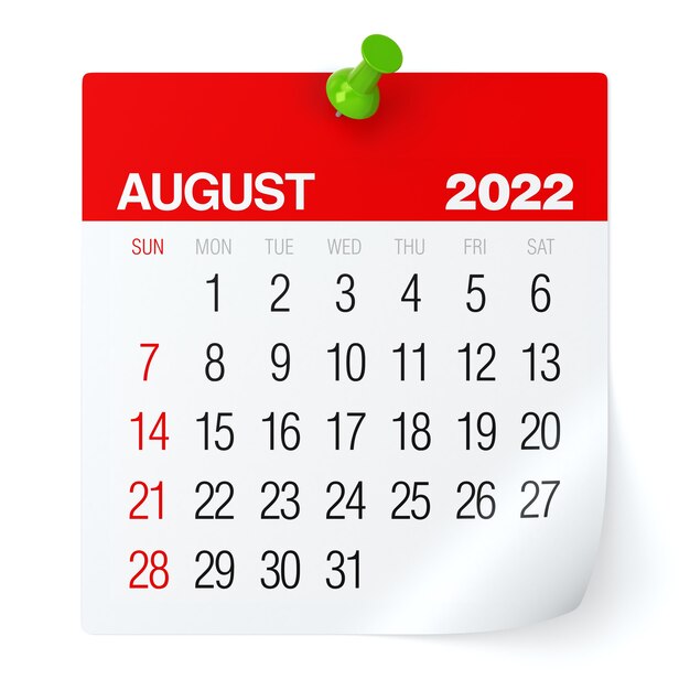 Août 2022 - Calendrier. Isolé sur fond blanc. Illustration 3D