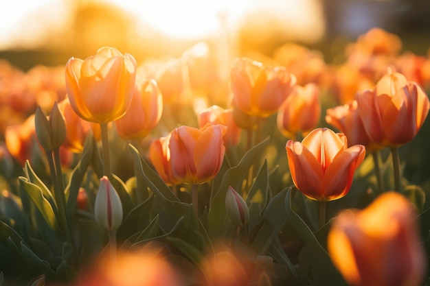 Un aperçu captivant Une mise au point sélective révèle des tulipes enchantées qui fleurissent dans le champ