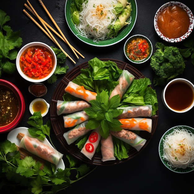 Photo aperçu culinaire vietnamien pho et rouleaux de printemps dans un plat accueillant