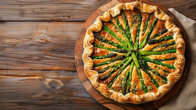 Un apéritif sur une table en bois avec une vue d'en haut d'une tarte aux asperges cuite à la main avec du fromage et de l'espace pour le texte IA générative