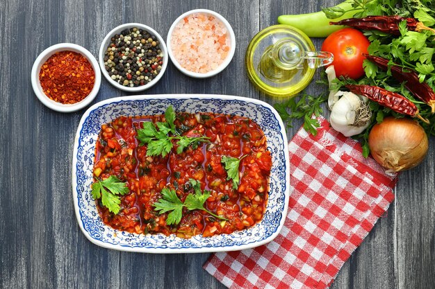 Un apéritif turc épicé Acili ezme fait avec des tomates, du poivre, du persil, de l'huile d'olive à la menthe