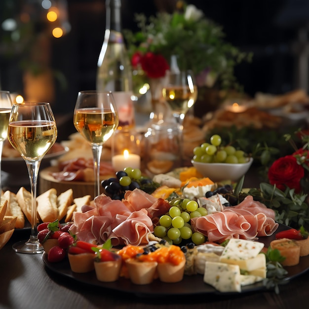 Des apéritifs assortis sur une table en bois avec des verres de vin blanc