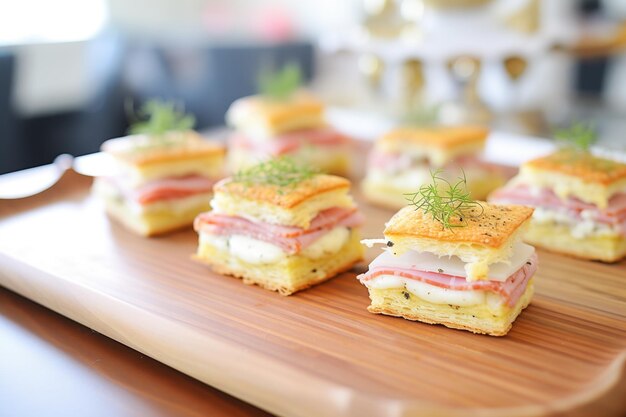 Des apéritifs croques monsieur mordues sur un plateau de service pour la fête