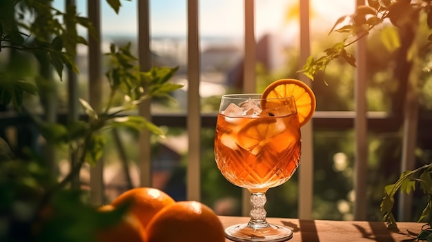 Aperol spritz boisson d'été dans un verre avec fond tropical et éclaboussure