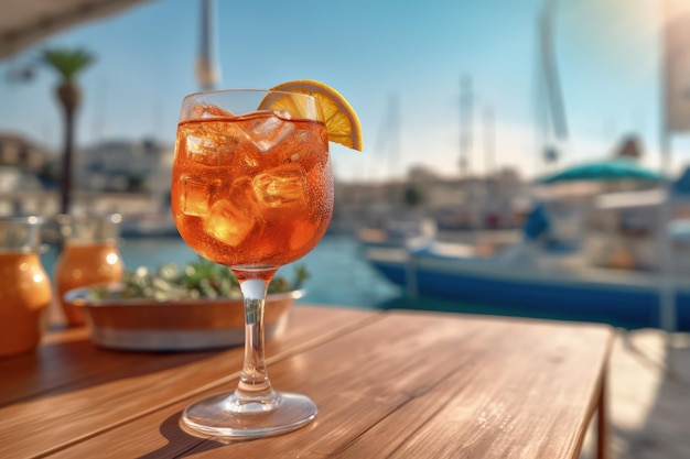 Aperol Spritz sur la table d'un café au bord de la mer dans une station balnéaire