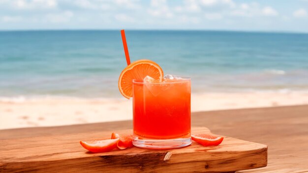 Aperol sur une table en bois devant la plage ai généré