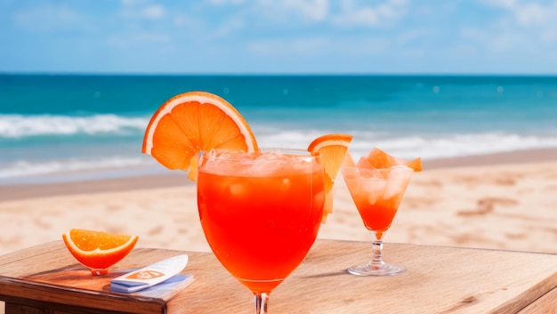 Aperol sur une table en bois devant la plage ai généré