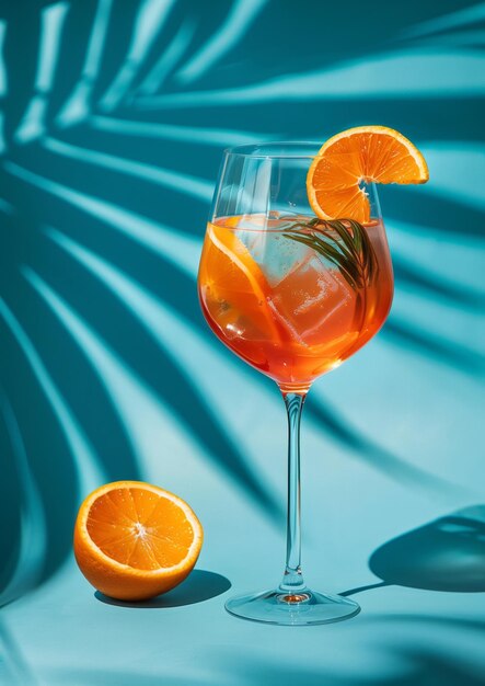 Aperole spritz dans le grand verre à vin et une tranche d'orange sur le fond bleu du studio avec des feuilles de palmier