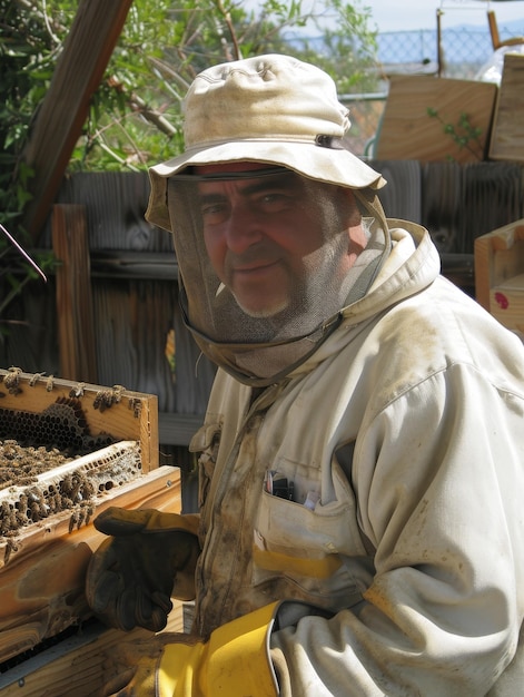 Photo un apiculteur concentré a tendance à élever des ruches dans un rucher pour assurer le bien-être de la colonie d'abeilles. le travail manuel est essentiel à la production de miel réussie.