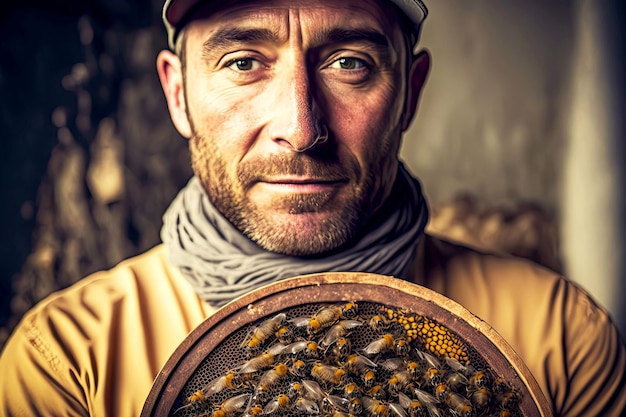 L'apiculteur du rucher tient dans ses mains un cadre en bois avec du miel et des abeilles