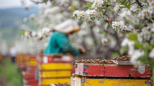 Photo l'apiculteur recueille du miel des ruches dans un verger verdoyant. l'apicteur porte un équipement de protection et utilise un fumeur pour calmer les abeilles.