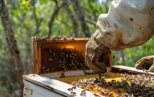 Un apiculteur s'occupe doucement des ruches dans un environnement luxuriant ses gants couverts de pollen et de propolis son dévouement à l'artisanat brille à travers l'image