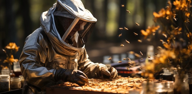 Un apiculteur en tenue de protection sort des nids d'abeilles Generative AI