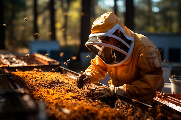 apiculteur travaillant sur une abeille