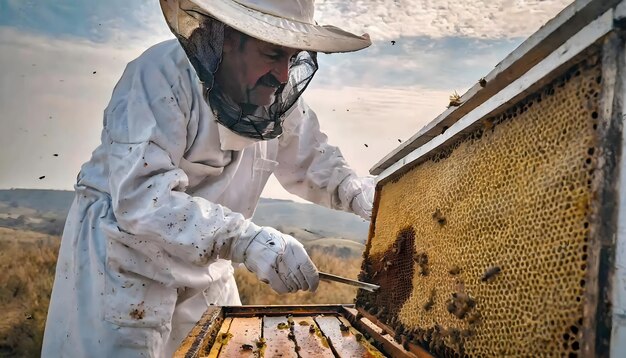 L'apiculteur travailleur recueille le miel des peignes une ruche concept d'apiculture