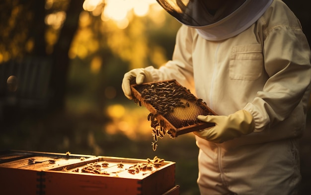 Apiculteur en vêtements de travail protecteurs tenant un nid d'abeilles à l'extérieur