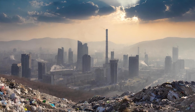 L'apocalypse dans la grande ville Smog gris et des montagnes de déchets Catastrophe écologique