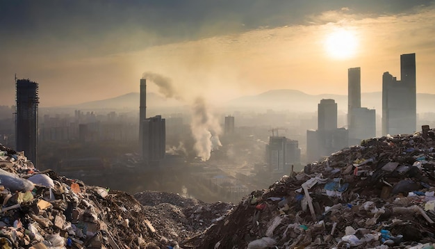 L'apocalypse dans la grande ville Smog gris et des montagnes de déchets Catastrophe écologique