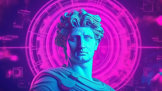 Apollon Tête d39une sculpture antique en néon Saint Valentin Sculpture grecque au design moderne Dieu grec Art Neon light retrowave Affiche bannière