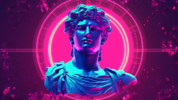 Apollon Tête d39une sculpture antique en néon Saint Valentin Sculpture grecque au design moderne Dieu grec Art Neon light retrowave Affiche bannière