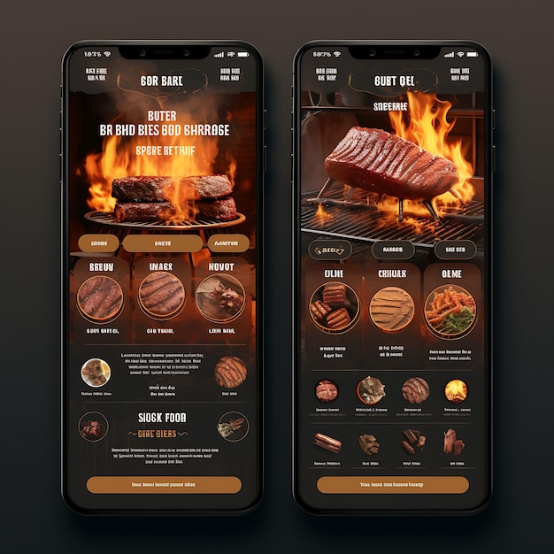 App mobile de Bbq Grillhouse Bbq Concept de conception de Grillhouse Menu de nourriture et de boisson rustique et indu