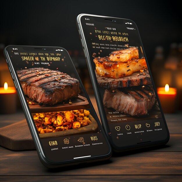 App mobile de Bbq Joint Design de concept rustique et chaleureux Menu de nourriture et de boisson robuste et masculin