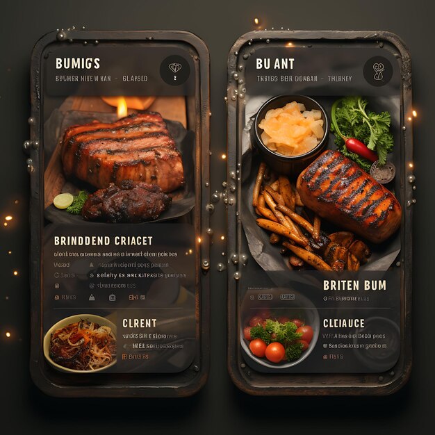 Photo app mobile de bbq joint design de concept rustique et chaleureux menu de nourriture et de boisson robuste et masculin