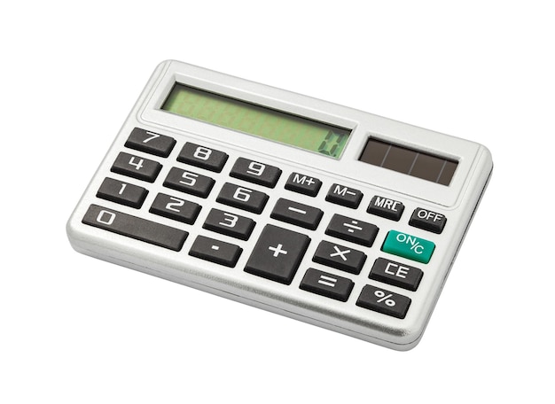 Appareil argent calculatrice pour les calculs financiers zéro s'affiche à l'écran isolé sur fond blanc avec un tracé de détourage