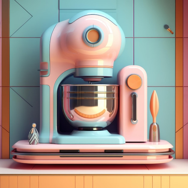 Photo appareil de cuisine de style rétro futuriste des années 60 couleurs pastel rose bleu et jaune