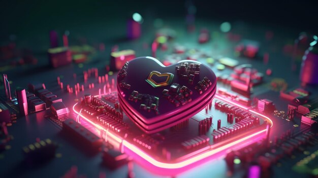 Un appareil en forme de cœur avec un circuit imprimé en arrière-plan.