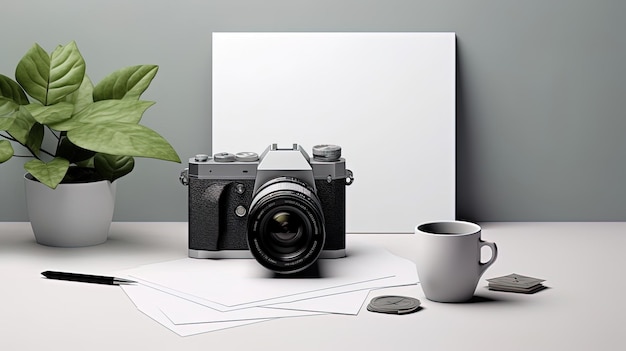 un appareil photo sur un bureau avec une photo d'une plante et une tasse.