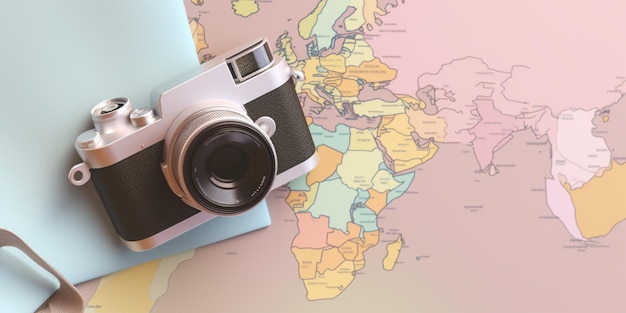 Un appareil photo sur une carte du monde