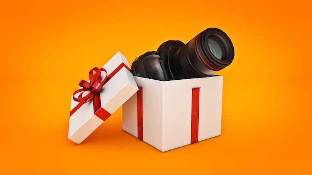 Appareil photo dans une boîte cadeau Concept de boîte cadeau rendu 3D