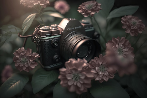 Un appareil photo dans un champ de fleurs avec le mot nikon dessus