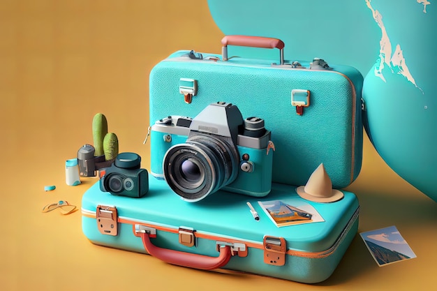 Appareil photo impressionnant avec valise de voyage et accessoires de voyage sur fond bleu