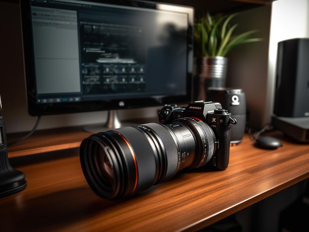 Un appareil photo LG est posé sur un bureau à côté d'un moniteur qui indique Q700.