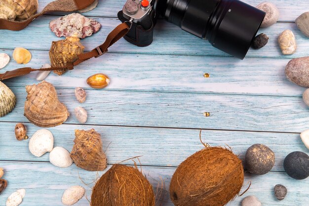 Appareil photo, noix de coco et coquillages sur un fond en bois bleu. Thème marin