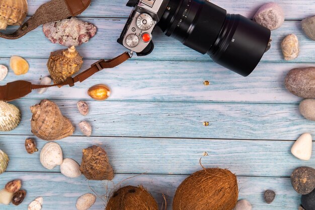 Appareil photo, noix de coco et coquillages sur un fond en bois bleu. Thème marin.